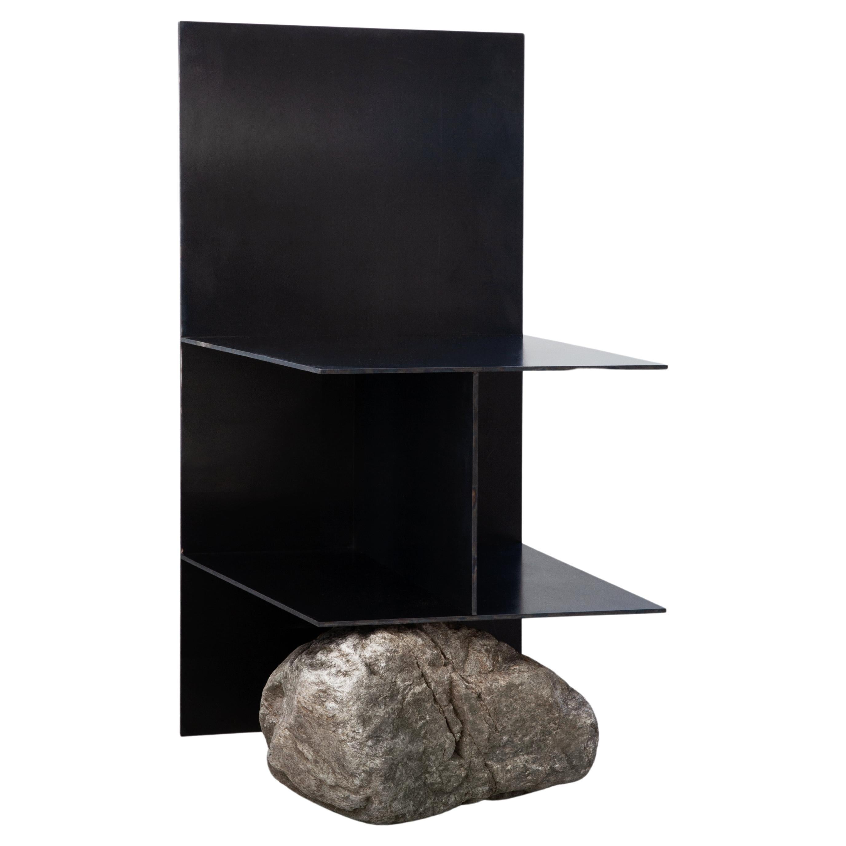 Contemporary Dark Solid Iron Steel Chair II with Natural Stone by Lee Sisan For Sale