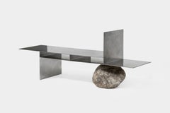 Contemporary Sculpted Stainless Steel Console with Natural Stones by Lee Sisan