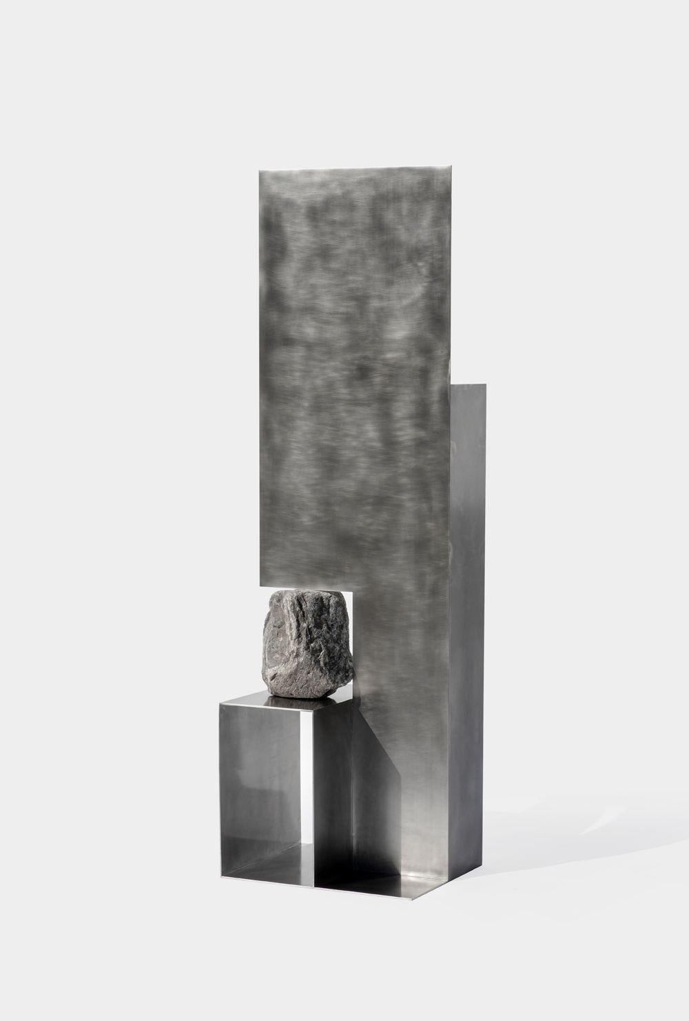 Proportions of Stone Objet 1 by Lee Sisan
Dimensions: W 60 x D 45 x H 200 cm
Materials: Stainless steel, natural stone

Each piece is made to order and uses natural stones, so please expect some variability in design.

