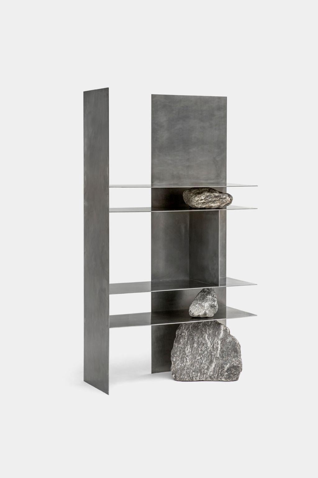 Proportions of Stone Shelf 03 by Lee Sisan
Dimensions: W 120 x D 40 x H 200 cm
Materials: Stainless steel, natural stone

Each piece is made to order and uses natural stones, so please expect some variability in design.

