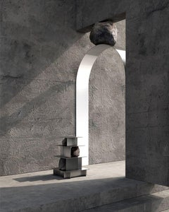 Contemporary Three Level Stainless Steel Shelf with Natural Stones by Lee Sisan
