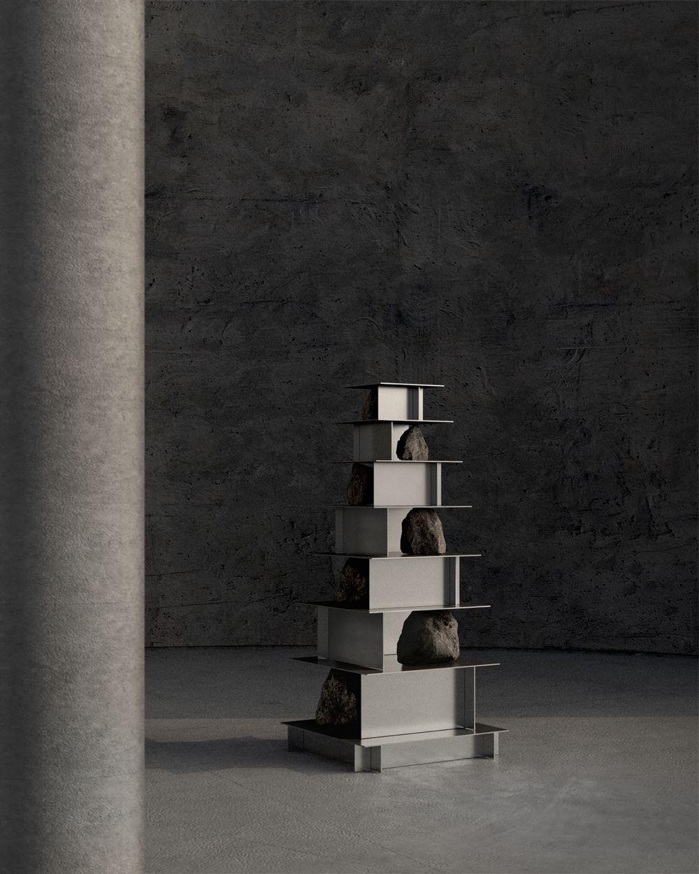 Proportions of stone shelf level 07 by Lee Sisan
Dimensions: W 76 x D 76 x H 160 cm
Materials: stainless steel, natural stone

Each piece is made to order and uses natural stones, so please expect some variability in design.

Is constructed by