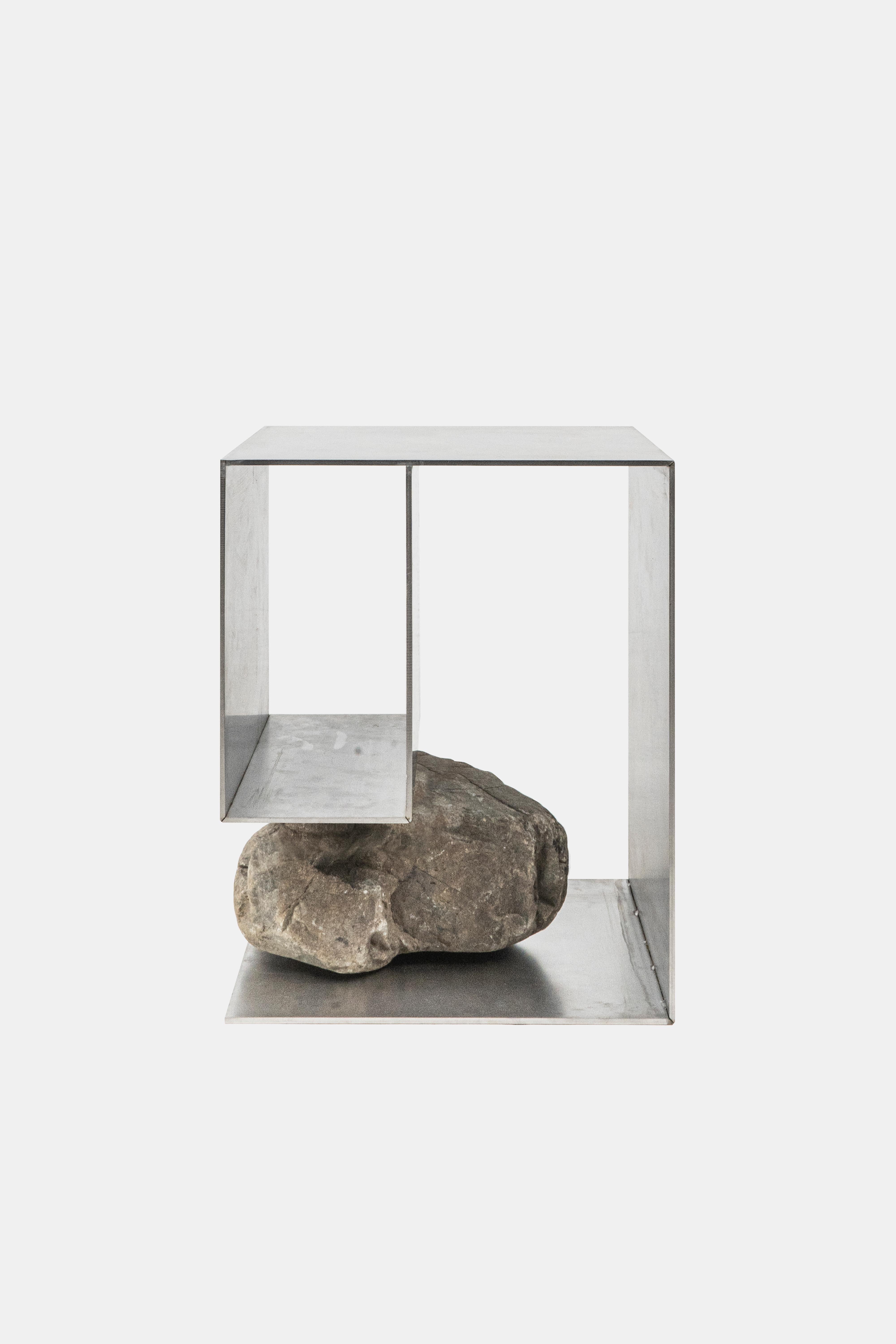 Proportions of stone stool 02 by Lee Sisan.
2019.
Dimensions: W 36 x D 36 x H 45 cm.
Materials: Stainless steel, natural stone.

Each piece is made to order and uses natural stones, so please expect some variability in design.

