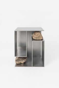 Contemporary Linear Stainless Steel Table with Natural Stones by Lee Sisan