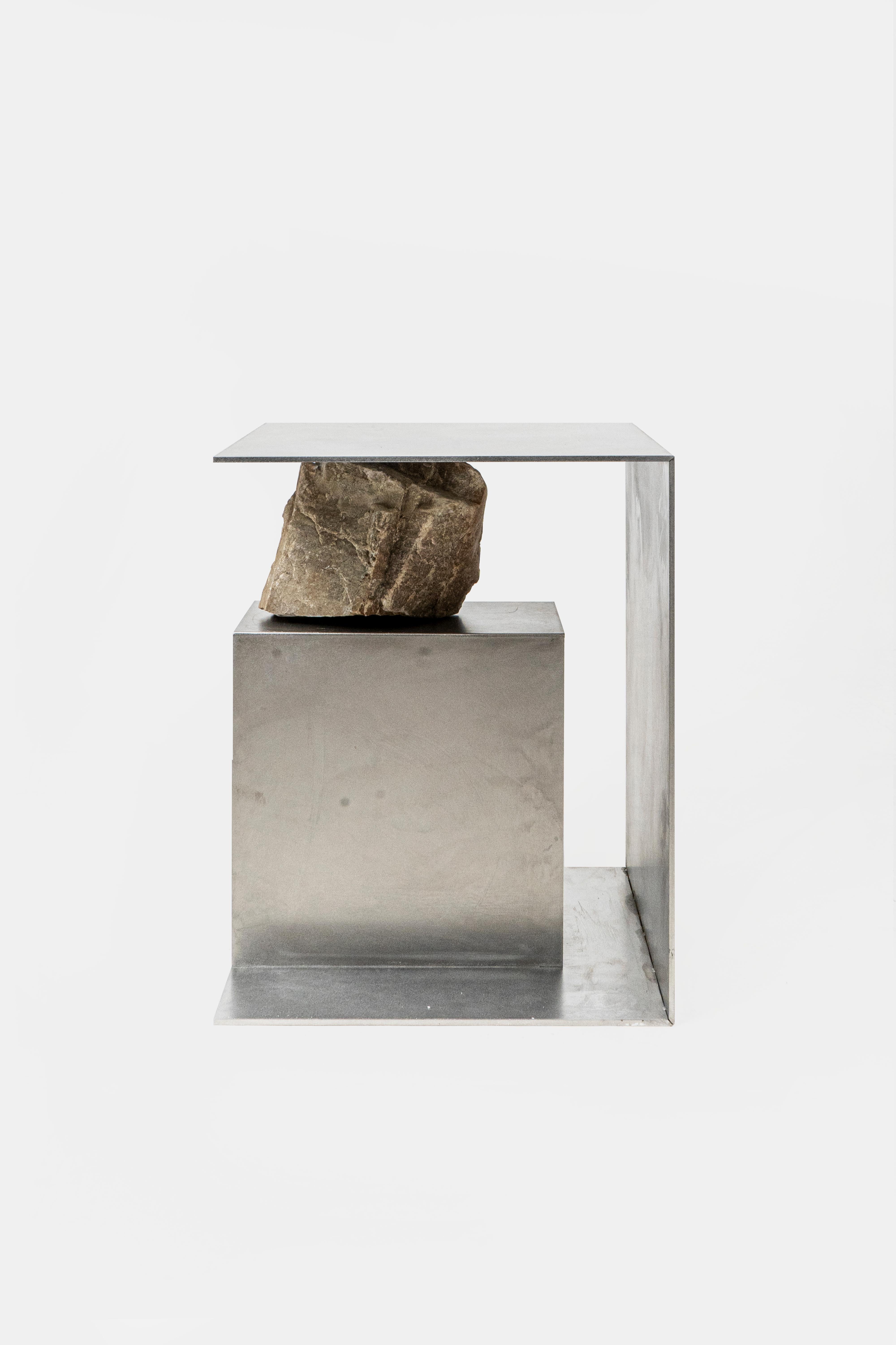 Contemporary Block Form Stainless Steel Stool with Natural Stone by Lee Sisan (Moderne) im Angebot