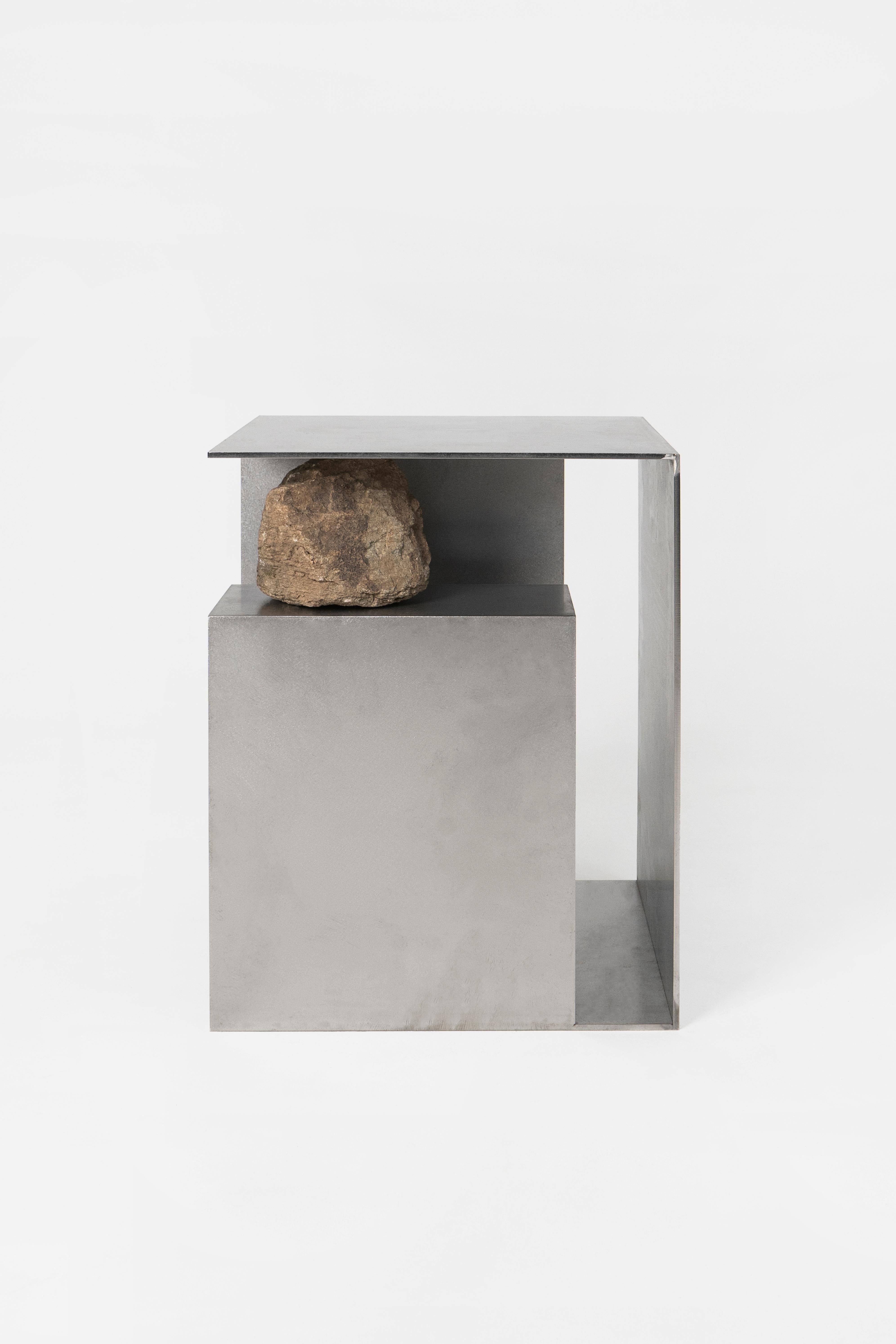 South Korean Contemporary Linear Stainless Steel Table with Natural Stones by Lee Sisan For Sale