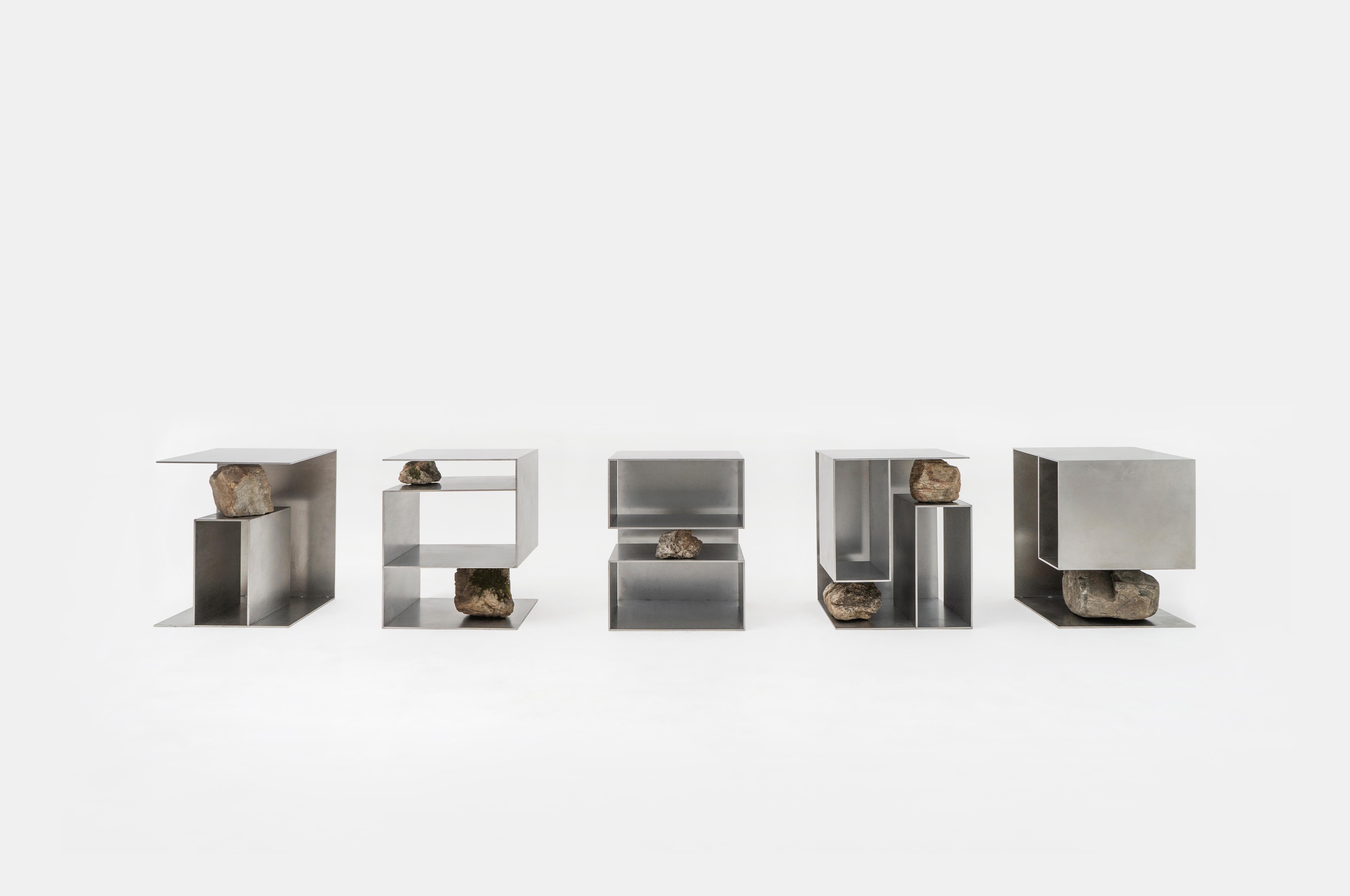Contemporary Block Form Stainless Steel Stool with Natural Stone by Lee Sisan (Südkoreanisch) im Angebot