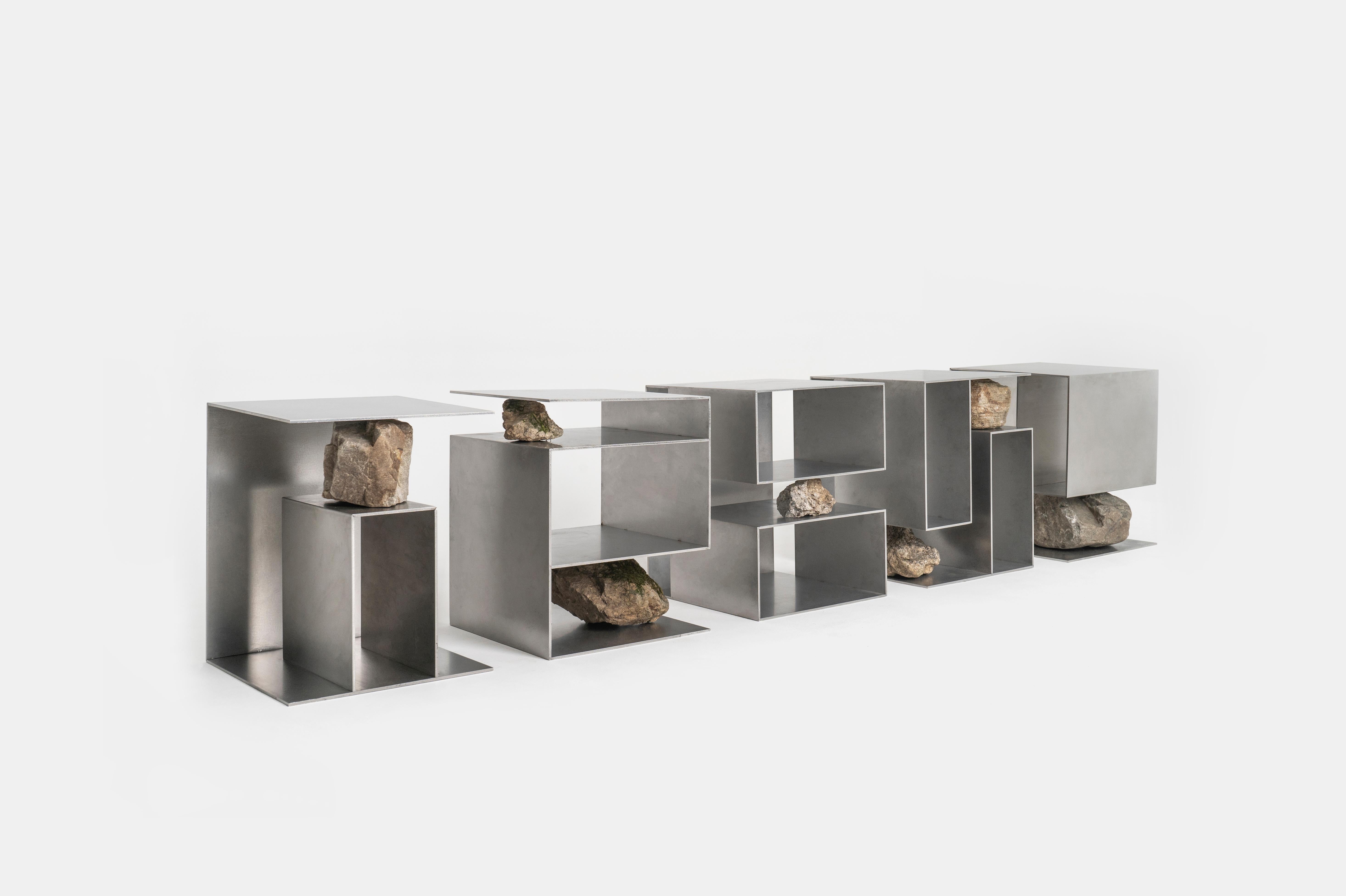 Contemporary Block Form Stainless Steel Stool with Natural Stone by Lee Sisan im Zustand „Neu“ im Angebot in Geneve, CH