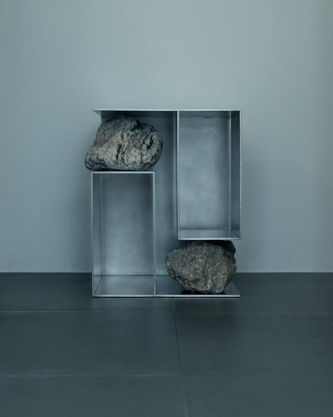 Contemporary Linear Stainless Steel Table with Natural Stones by Lee Sisan For Sale 2
