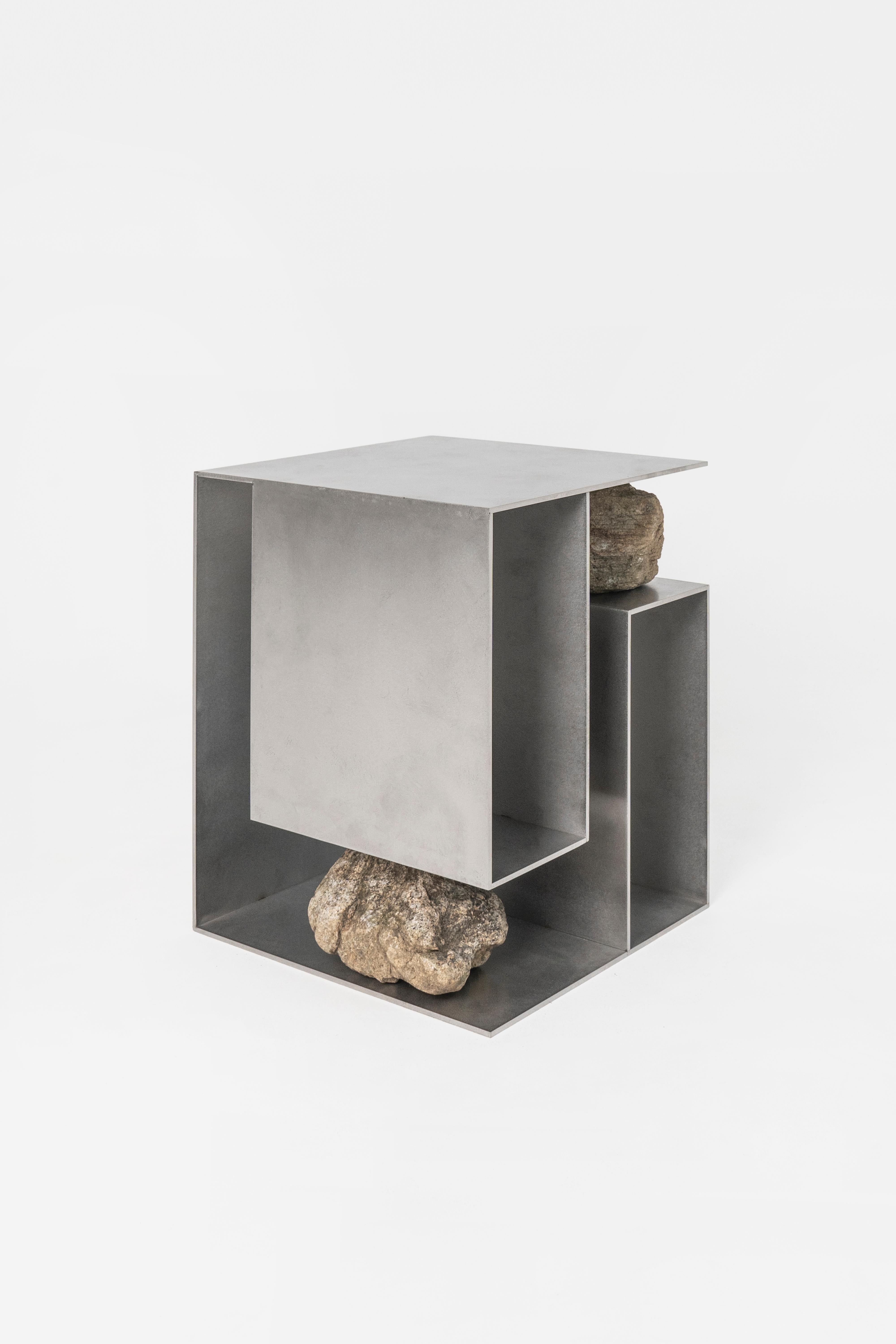 Contemporary Linear Stainless Steel Table with Natural Stones by Lee Sisan For Sale 3