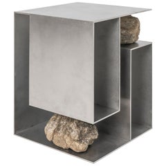 Contemporary Linear Stainless Steel Table with Natural Stones by Lee Sisan