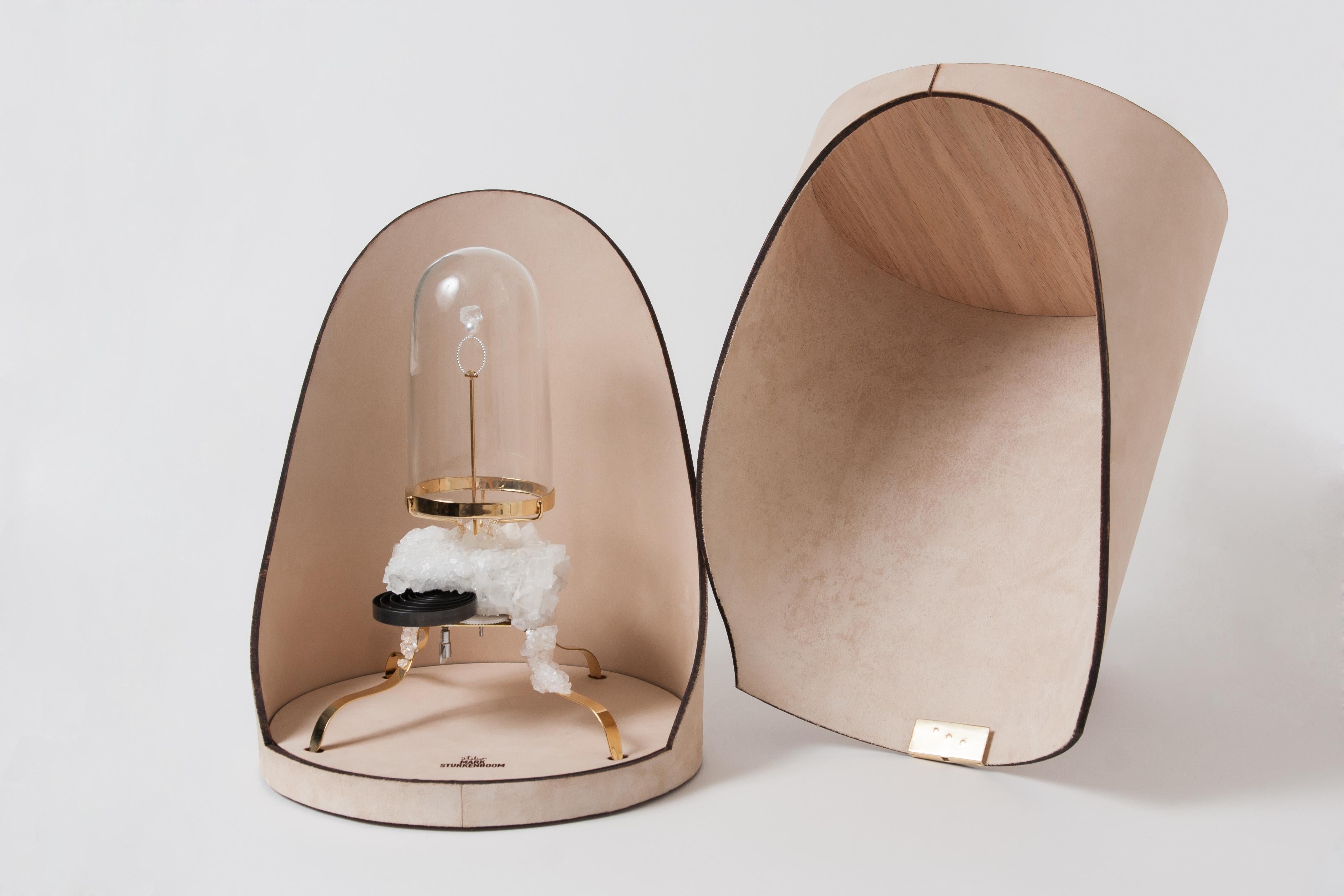 Sculpted proposal ring box by Mark Sturkenboom with a special sculpted key to open it.

First prize in show ‘Tradition and Innovation of Dutch Design’ Japan 2014
material: 14 Mikimoto Akoya pearls,
hand-brushed Tuscan Leather, 14kt gold-plated