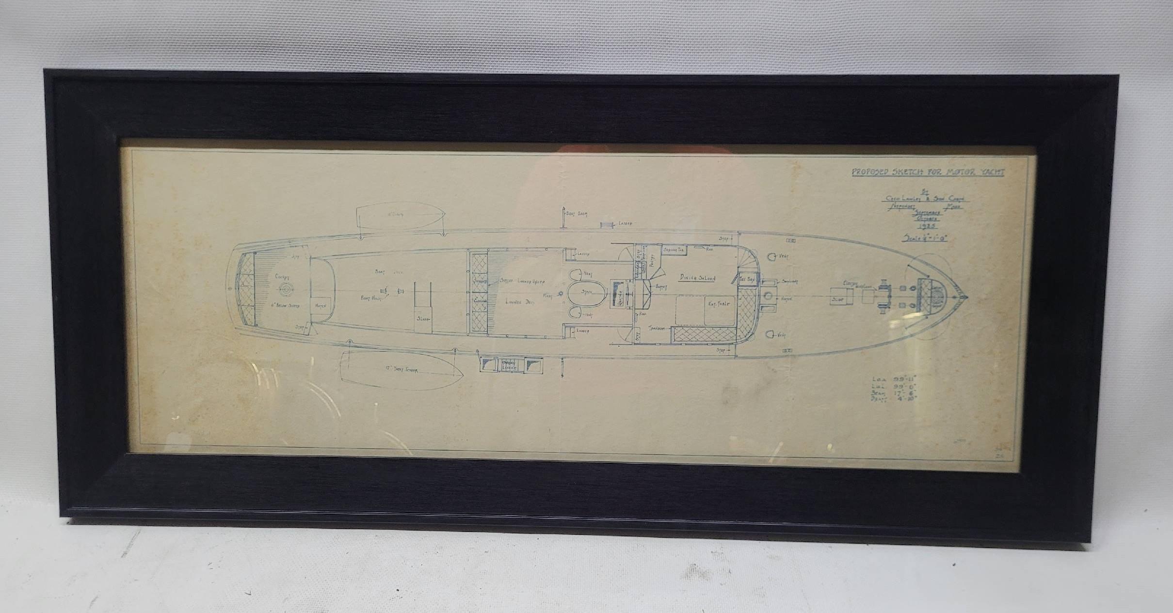 Top deck plan for the one-hundred-foot yacht Edamena IV, built by George Lawley and Son Corporation in Neponset. The plan shows the deck details, including the bow cockpit, anchor hawsers, electric winch, sliding companionway, skylights, dining