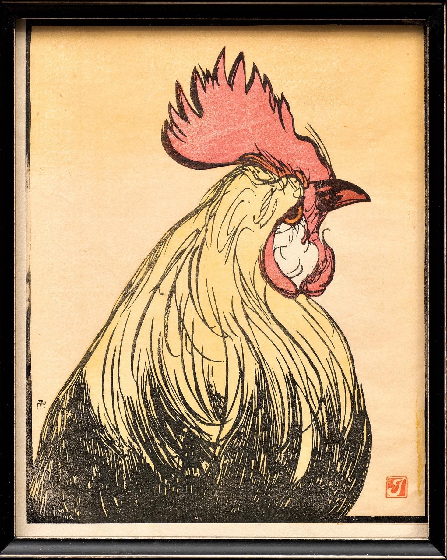 Ancienne gravure sur bois de coq circa 1910 par Prosper Alphonse Isaac - Print de Prosper-Alphonse Isaac 