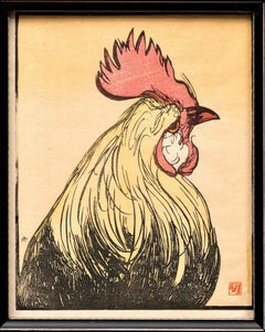 Antiker Hahn Farbholzschnitt um 1910 von Prosper Alphonse Isaac