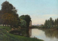 A River Landscape Antique 19th Century Oil Painting on Canvas, Framed by Galerne
