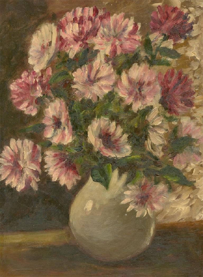 A delightful oil painting by French artist Prosper Rotge, depicting a vase of flowers. In thick brushstrokes, the artist was able to create a well-balanced and attractive composition, highlighting the softness and beauty of the flowers. Signature