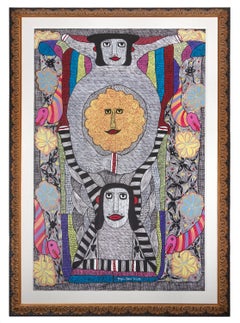 "Sun Totem," haïtien motif dieu soleil totem figuratif optique signé par l'artiste.