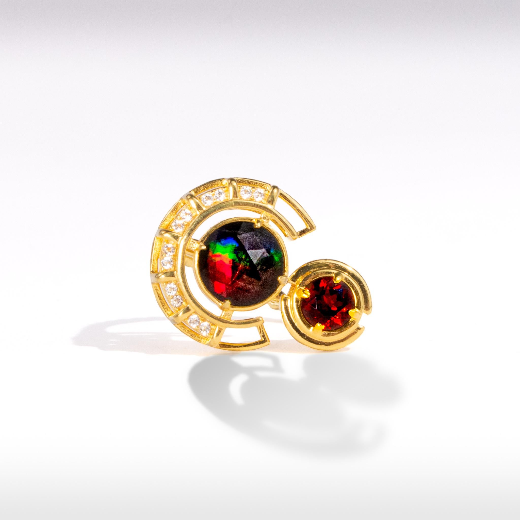 Product Details:

The Prosperity Collection celebrating the Chinese new year was inspired by the Chinese symbol for prosperity, bringing good fortune to all who wear it.

Faceted A grade Ammolite
8mm Round Ammolite Ring
18K gold vermeil
Accented