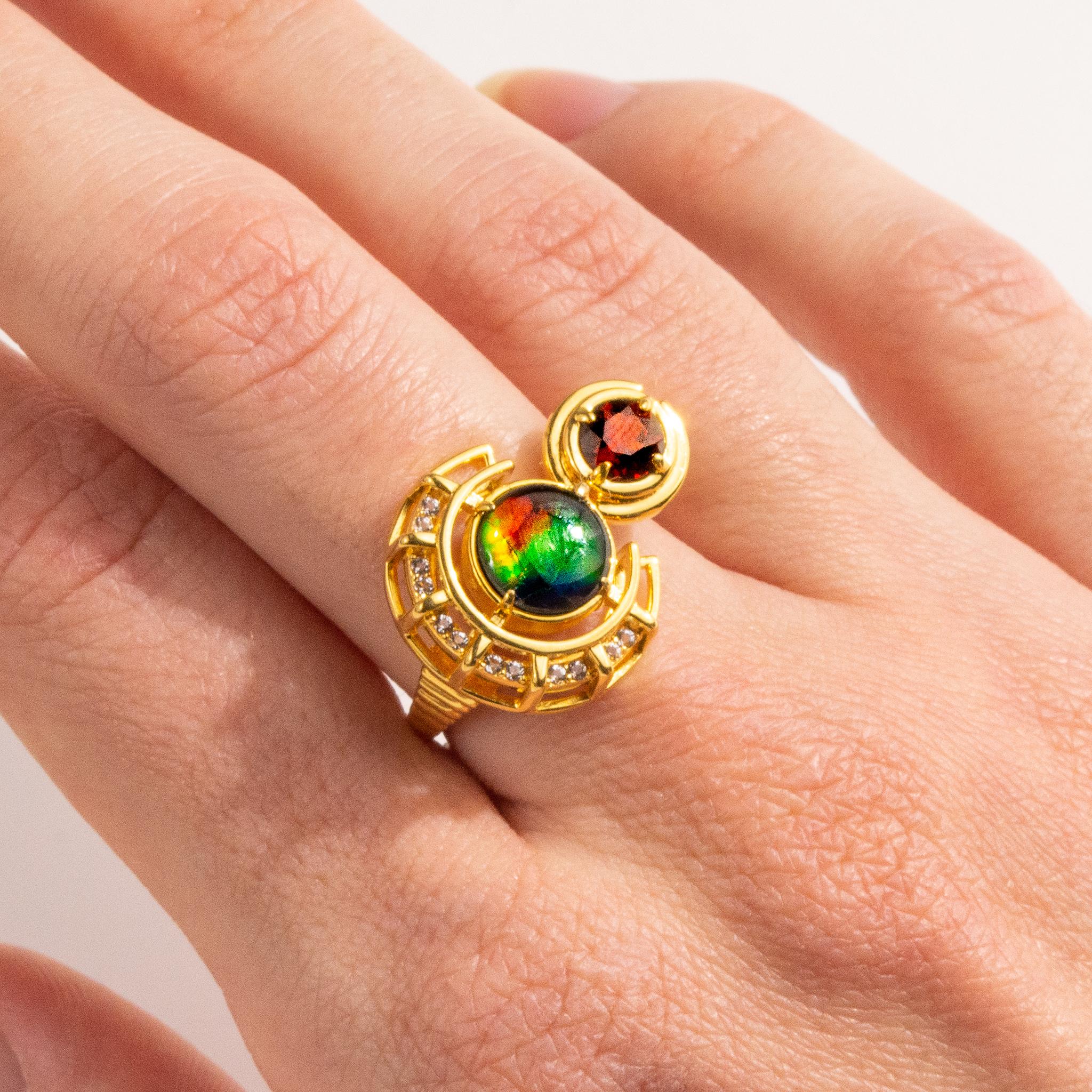 Prosperity Ammolite Ring in 18k Gold Vermeil, Faceted / 6 In New Condition For Sale In Calgary, CA