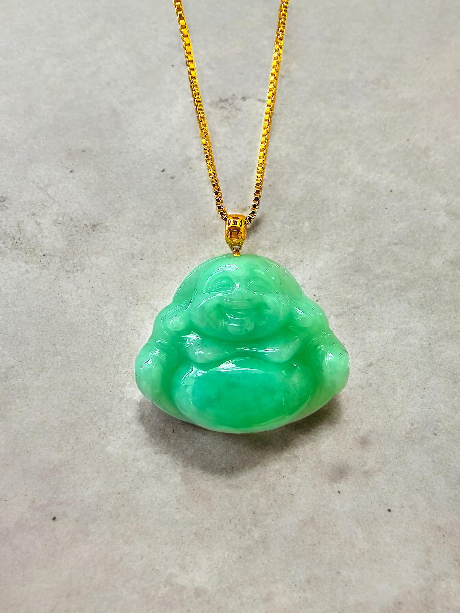 Cabochon Prosperous Laughing Buddha Burmese A-Jadeite Pendant (with 18K Yellow Gold) For Sale