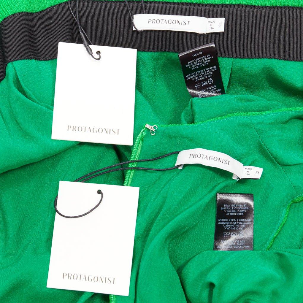 PROTAGONIST kelly green plisse silk lined tie belt wrap skirt set US0 XS 5
