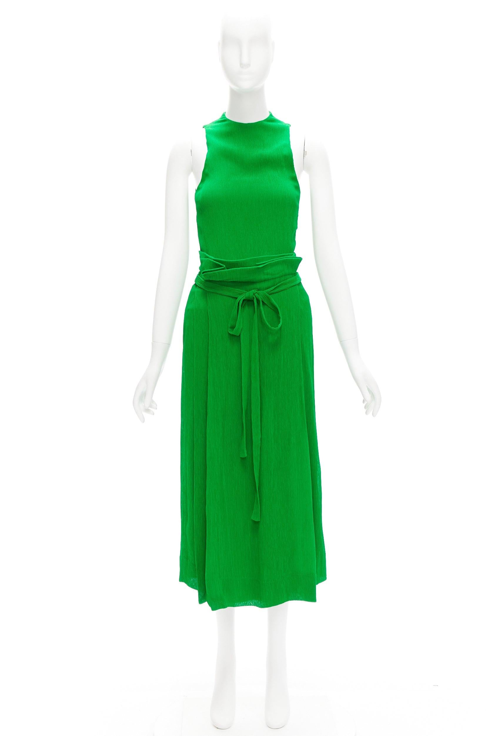 PROTAGONIST kelly green plisse silk lined tie belt wrap skirt set US0 XS 6