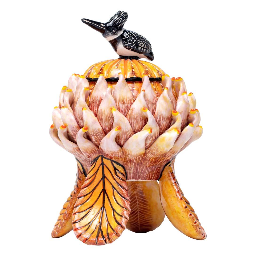 South African Protea And Bird Ceramic Jewelry Box  , hand made in South Africa For Sale