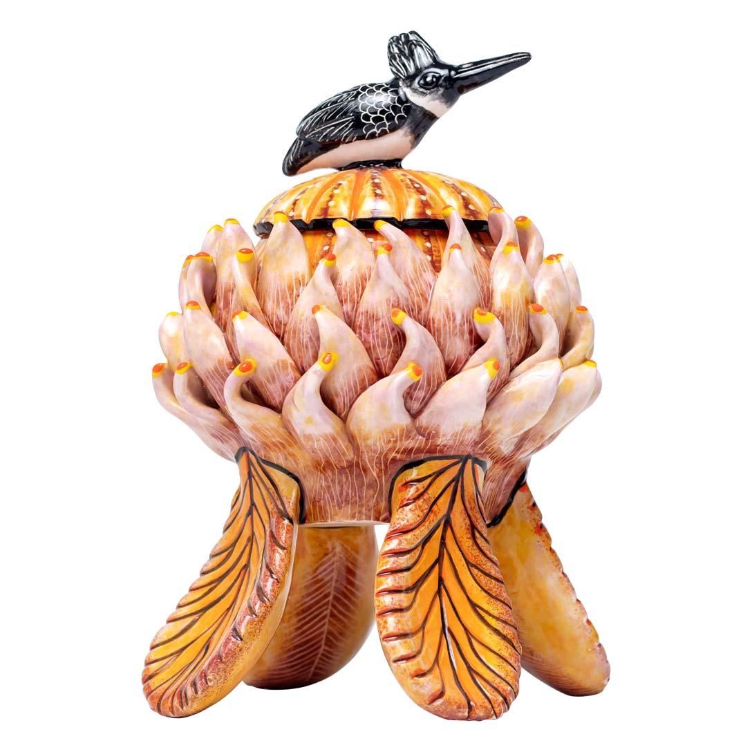 Hand-Painted Protea And Bird Ceramic Jewelry Box  , hand made in South Africa For Sale