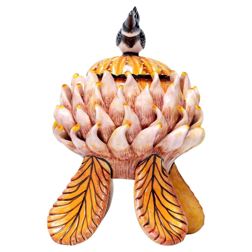 Protea And Bird Ceramic Jewelry Box  , hand made in South Africa