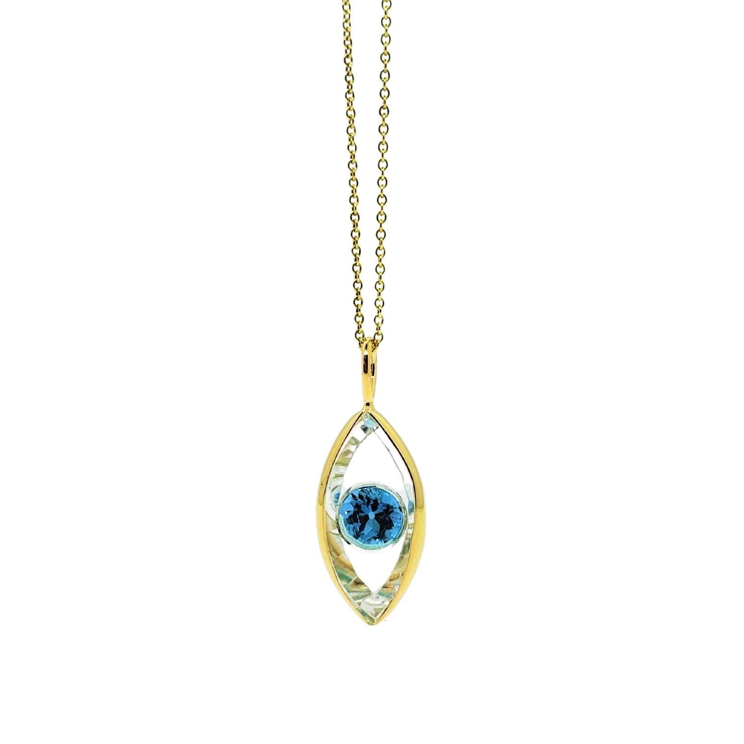 Neoclassical Protective Evil Eye Necklace in 14K Gold and Quartz with Blue Topaz or Peridot For Sale