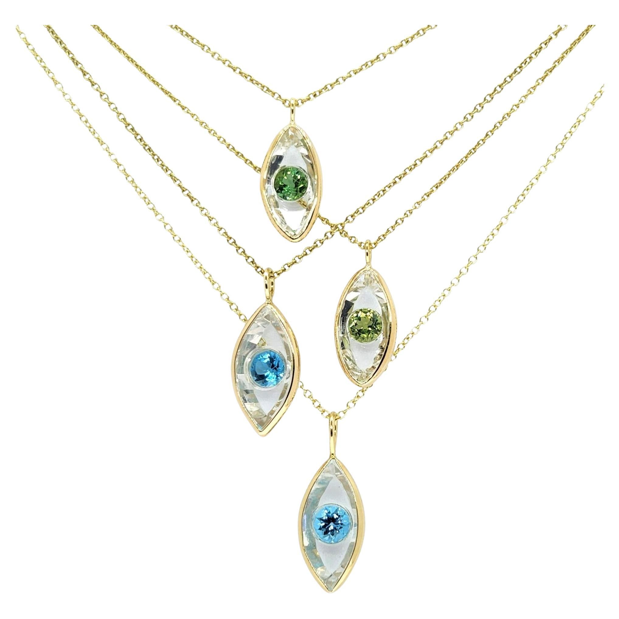 Protective Evil Eye Necklace in 14K Gold and Quartz with Blue Topaz or Peridot For Sale