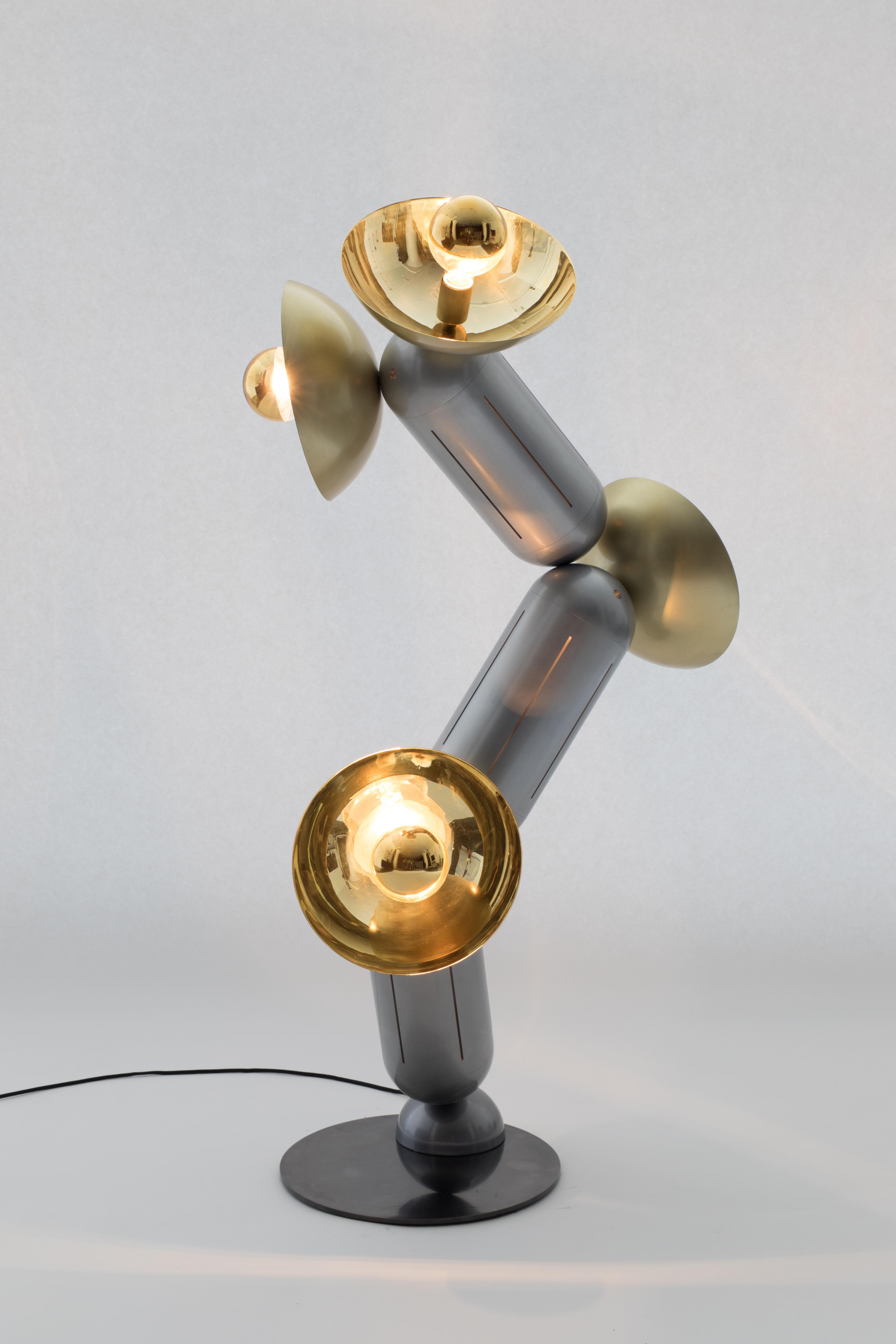 American Proto Floor Lamp, Brushed Aluminum, Polished and Brushed Brass, Blackened Steel For Sale