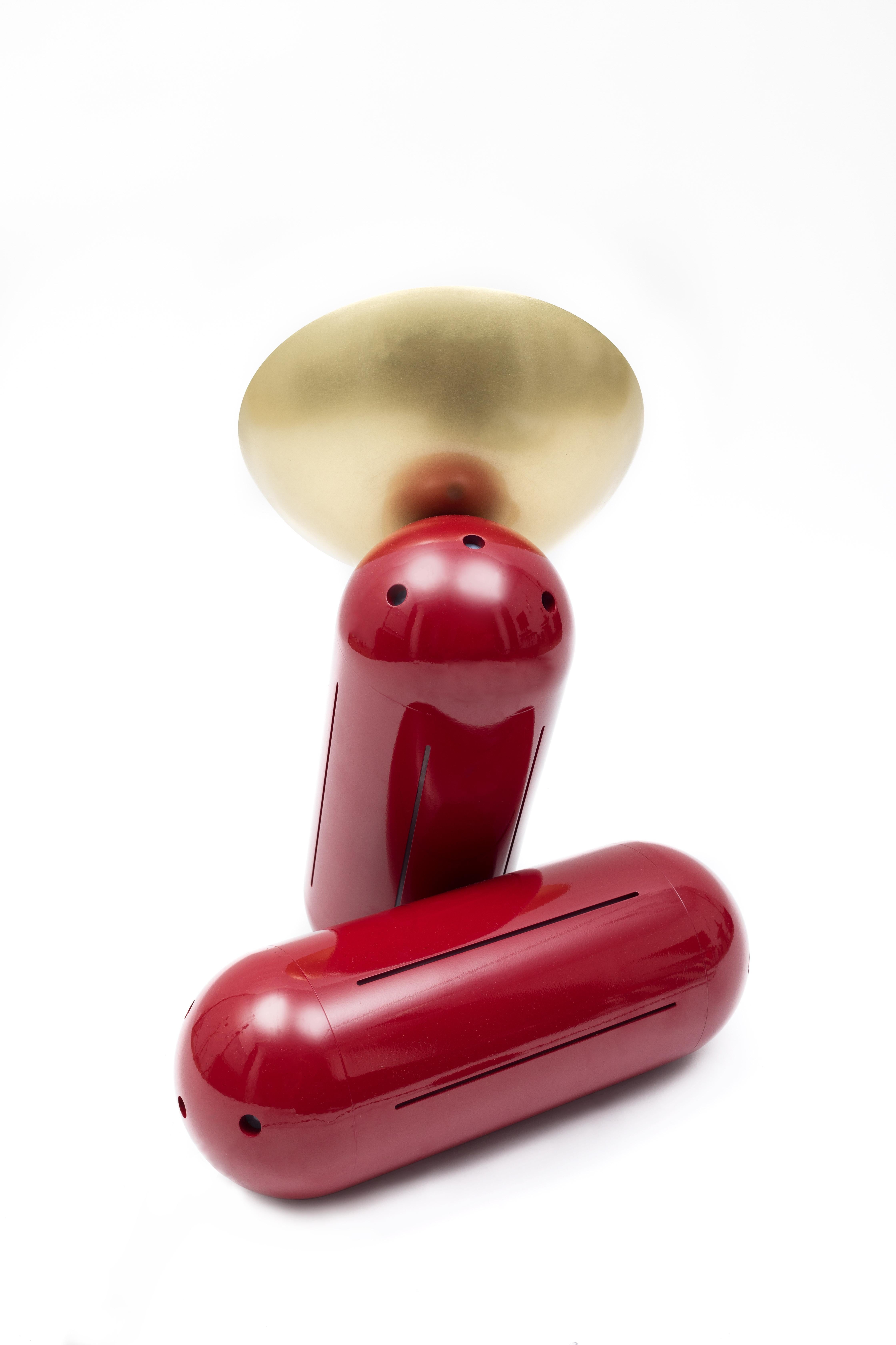 Modern Proto Table Lamp - red powder coated aluminum, mirror polished and brushed brass For Sale