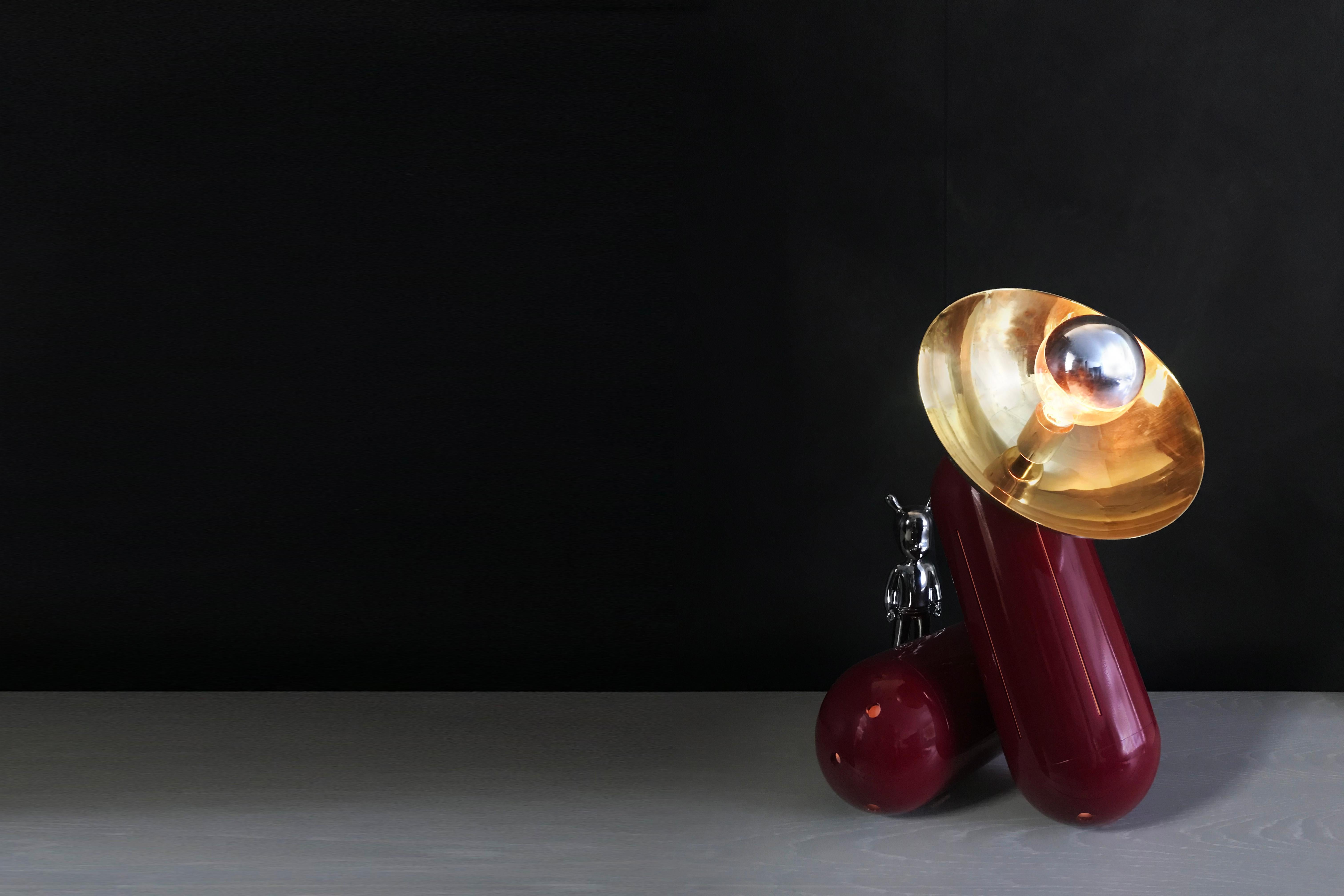 Brushed Proto Table Lamp - red powder coated aluminum, mirror polished and brushed brass For Sale