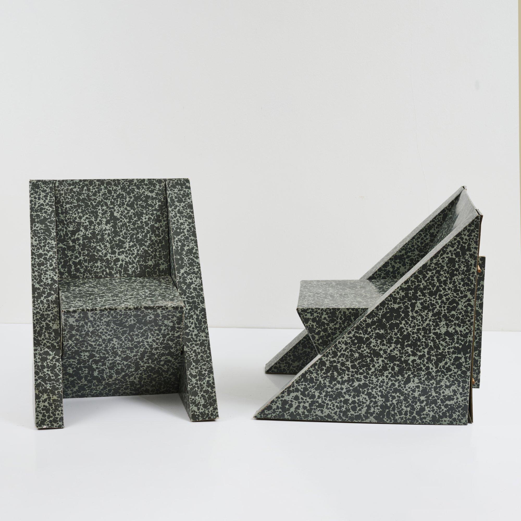 Set of two Cardboard Armchairs, prototypes attributed to the Memphis Group, manufactured in Milan, Italy circa 1980. 

Both chairs are made of gray marbled cardboard and in good original condition. 