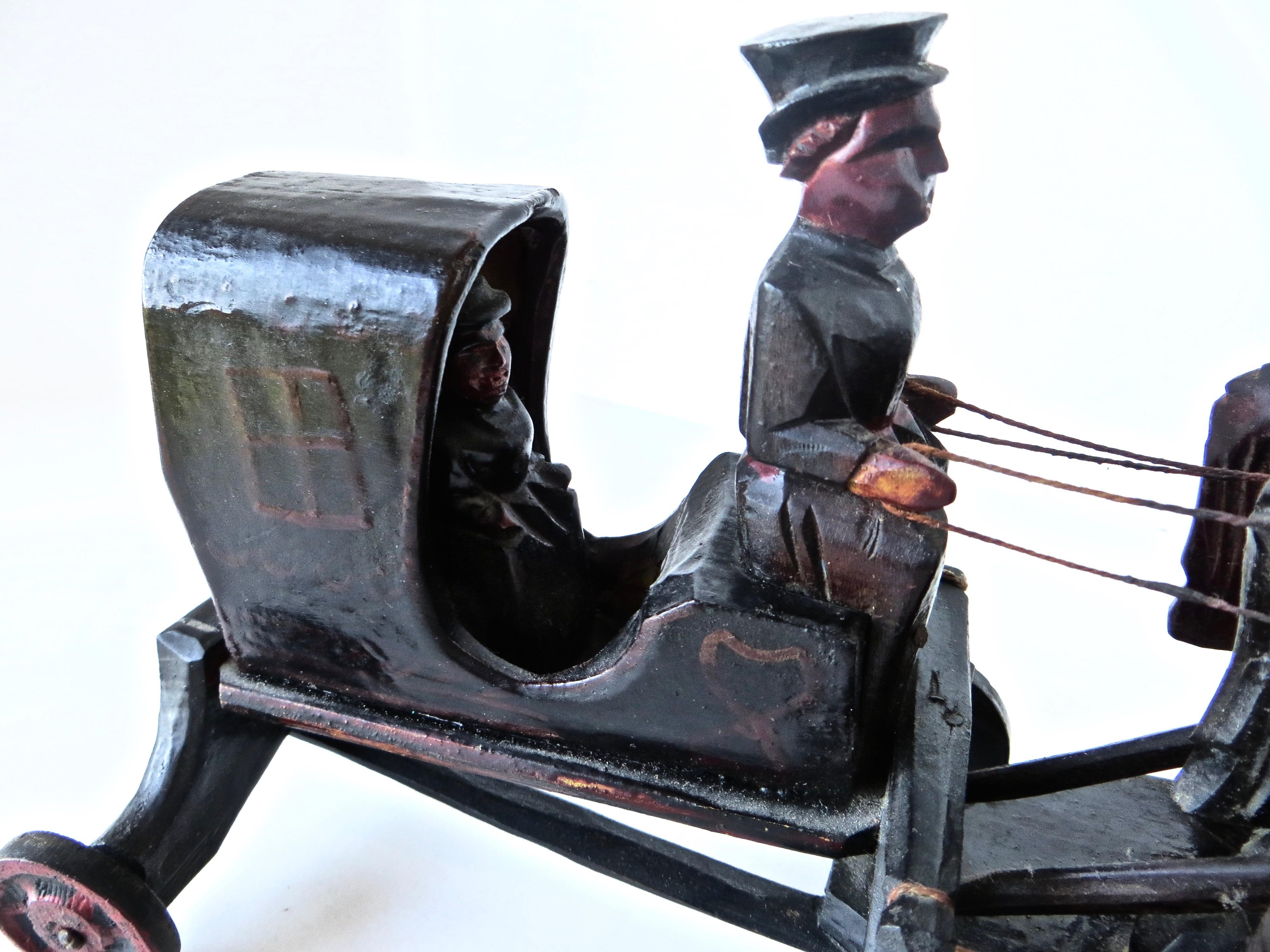 This is a hand carved wood prototype for a toy that would have been the model for a 19th century cast iron or tin horse drawn hansom cab. It precedes the mold and/or the bronze pattern; probably American, circa 1890.

Prototypes would have been