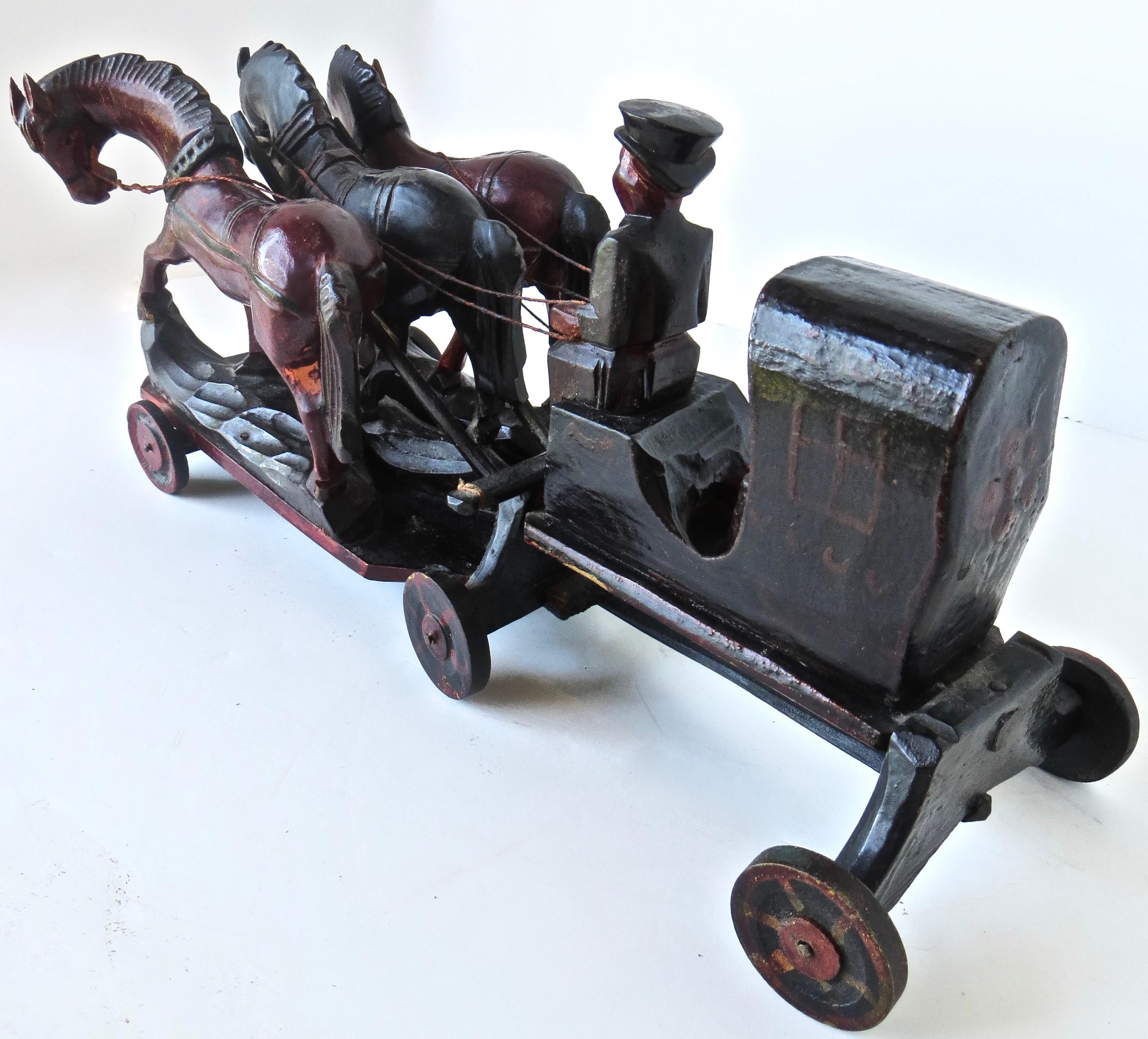 Wood Prototype Late 19th Century Hand Carved Toy Horse Drawn Hansom Cab, American For Sale