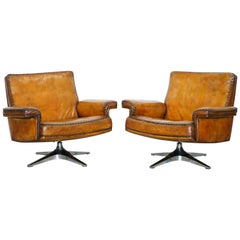 Prototype Pair of Restored 1960s De Sede DS 35 Whiskey Brown Leather Armchairs