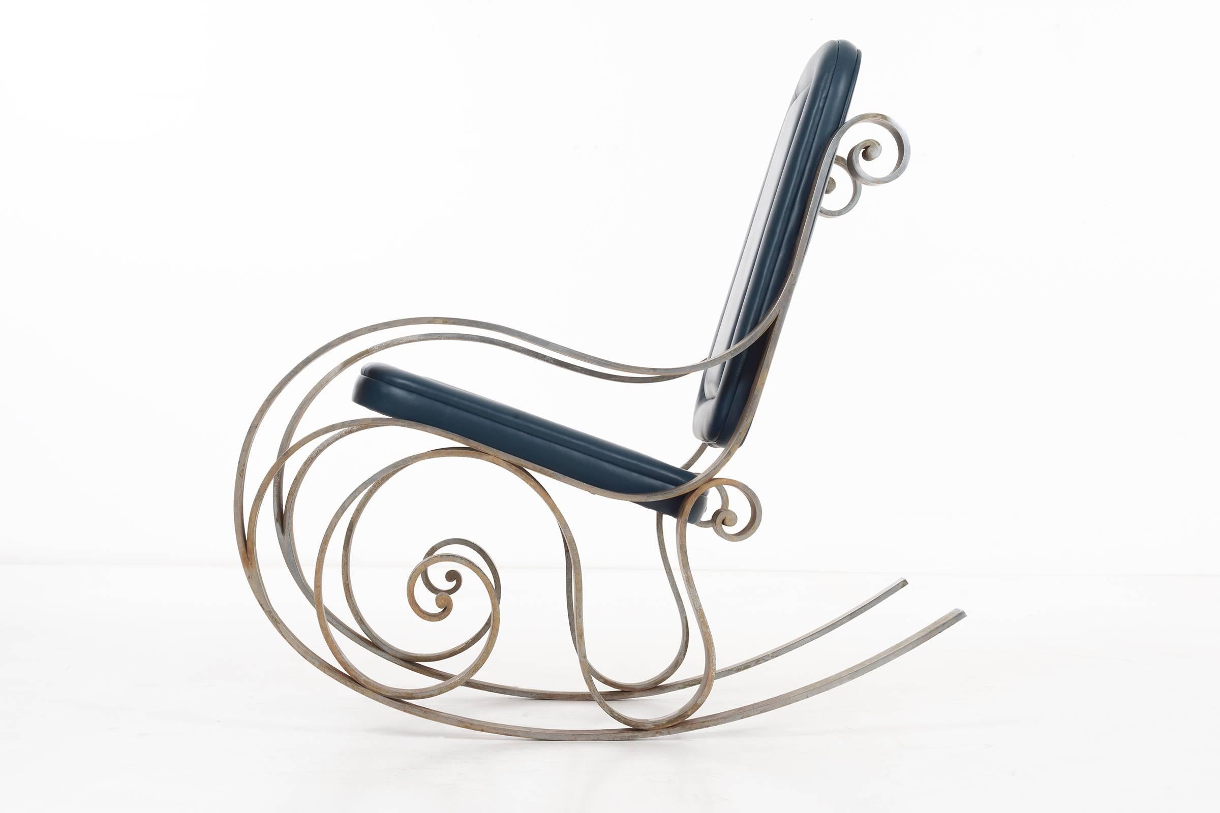 Prototype hand-forged, steel rocker designed by Arturo Pani and executed by Telleres Chacon, Mexico City. The piece has been reupholstered in hand-stitched, Edelman leather with custom piping. This piece was acquired from Telleres Chacon upon the