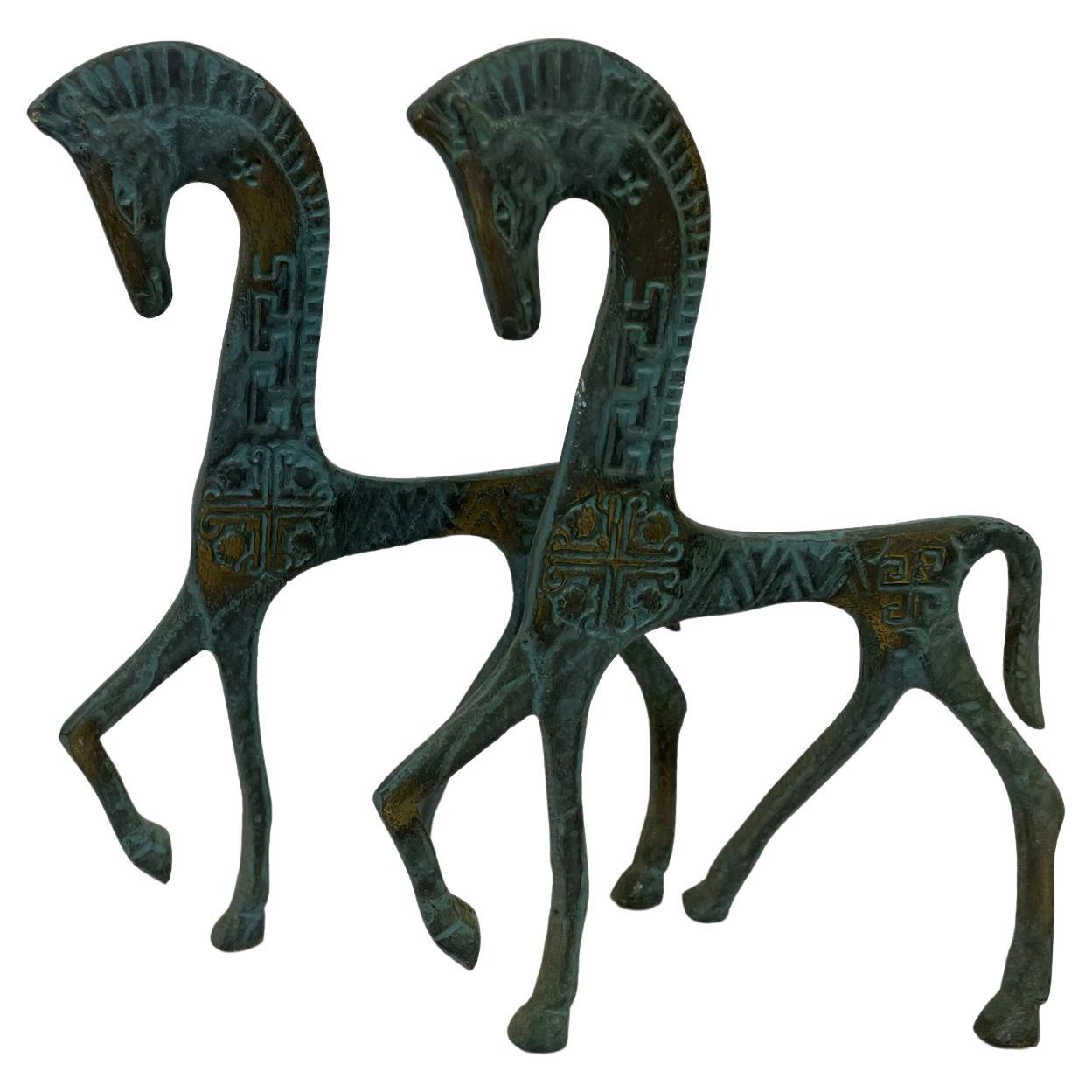 Etruscan Horse Sculptures Sleek Style of Hagenauer 1960s Patinated Bronze Pair