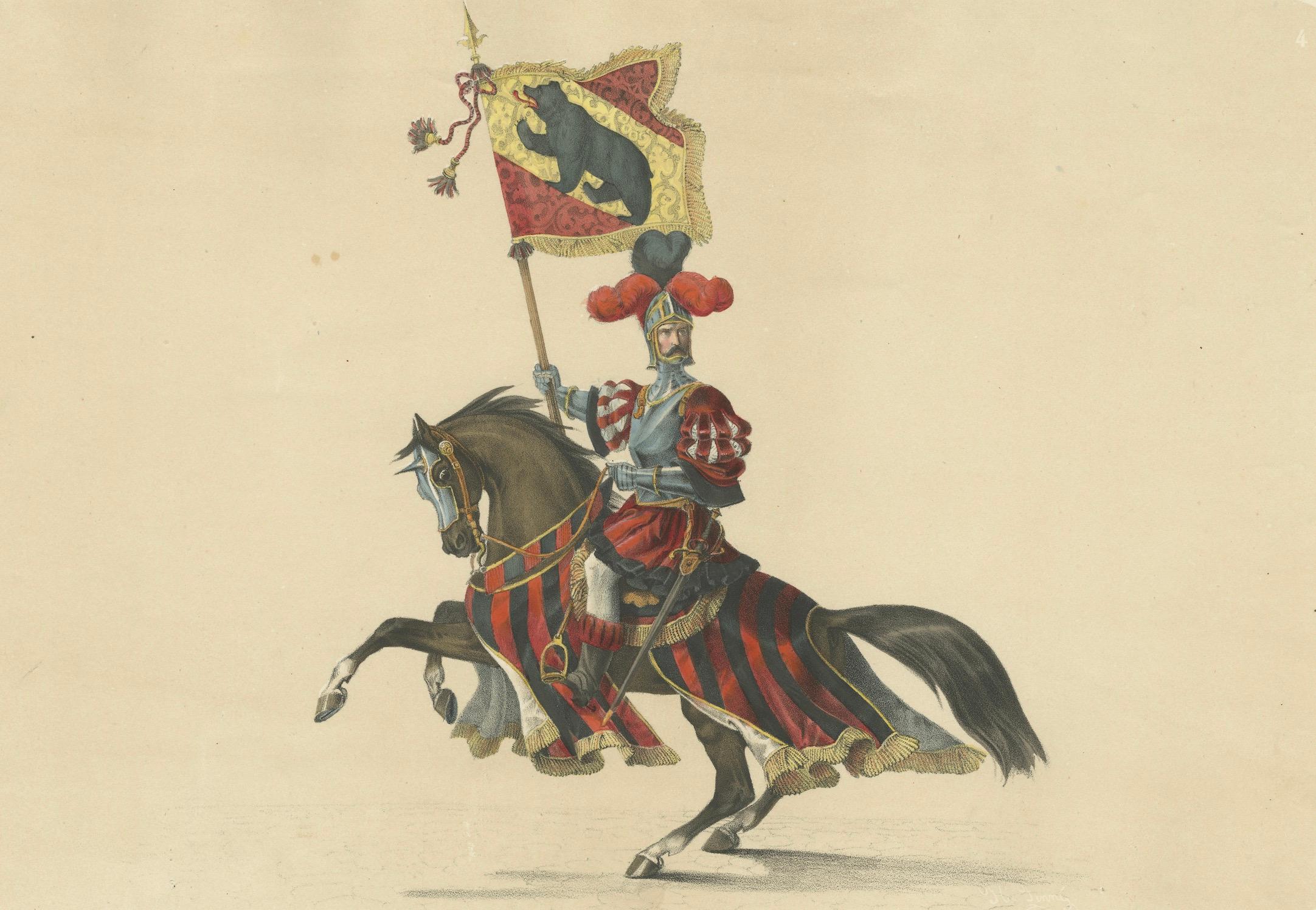 Titel:  Der stolze Standartenträger von Bern - eine majestätische Kavallerie-Figur vom Fest 1853  

Beschreibung:  Diese eindrückliche handkolorierte Lithografie ist Teil des 