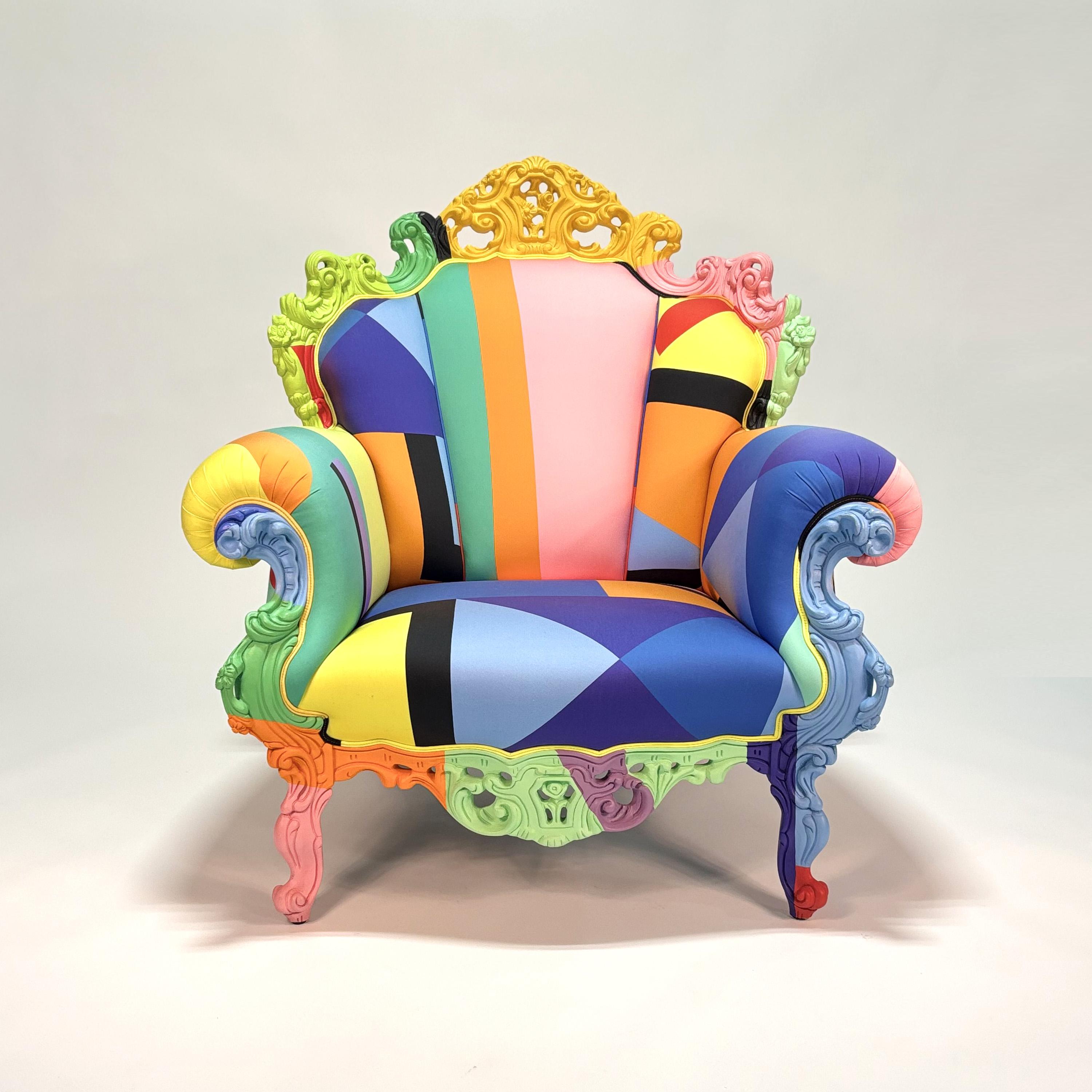 Proust Geometrica Armchair by Alessandro Mendini
1978 / 2019
Cappellini

Hand carved and painted beechwood. Upholstered in fabric designed by Alessandro Mendini.

