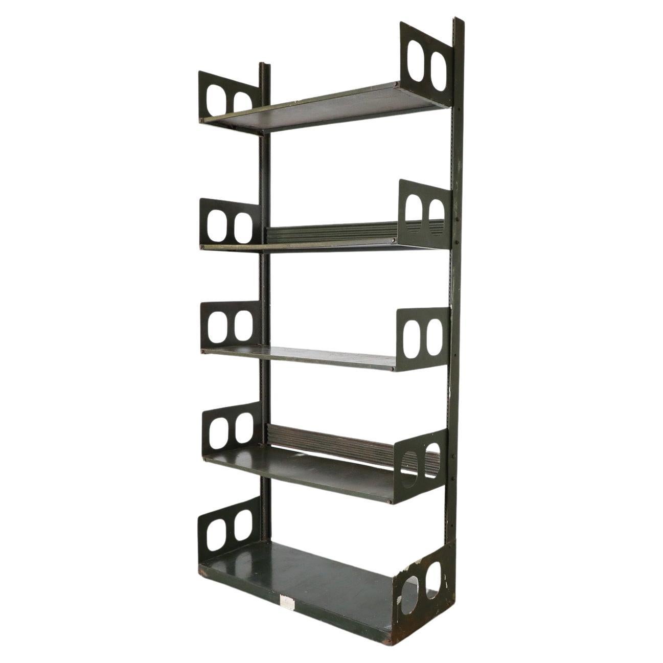 Prouve Style Industrial 'Triennale' Green Steel Shelving by Lips Vago For Sale