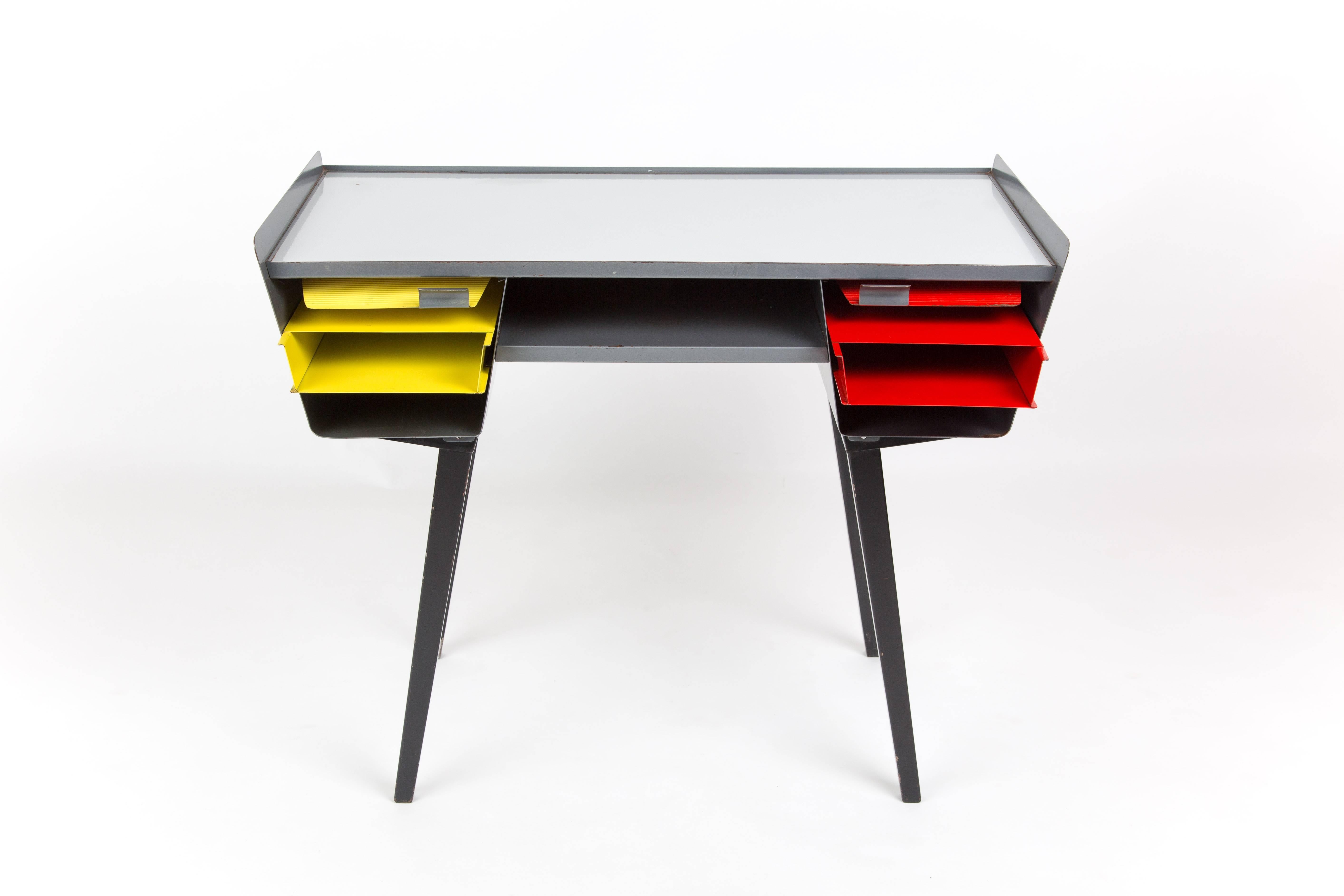 Prouve Style Metal Desk with Drawers in Happy Colors, Vd Meeren Style For Sale 1