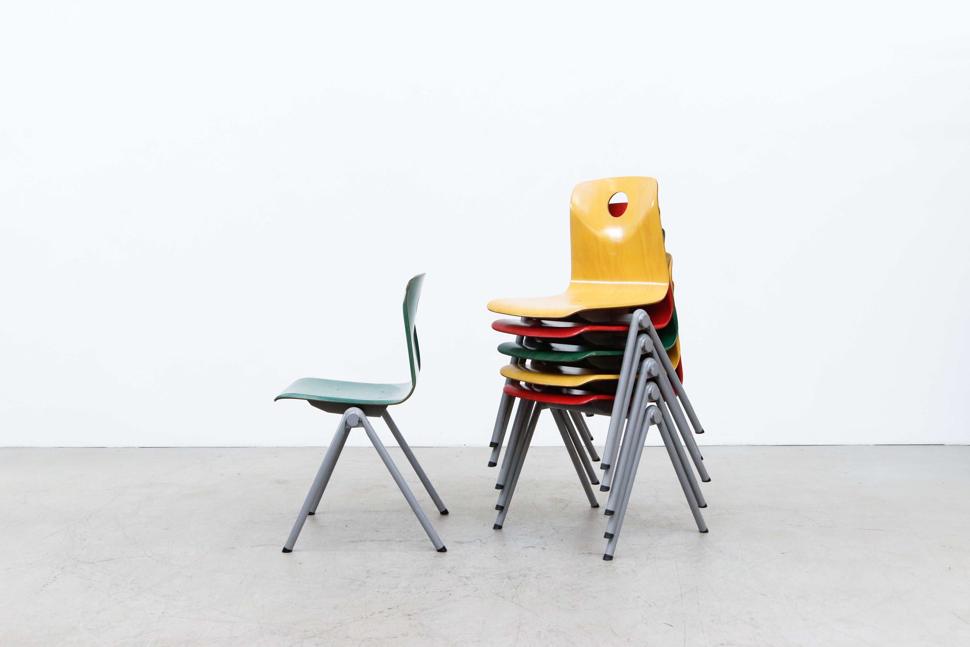 Dutch Multi-Colored Stacking Chairs with Circle Cut out