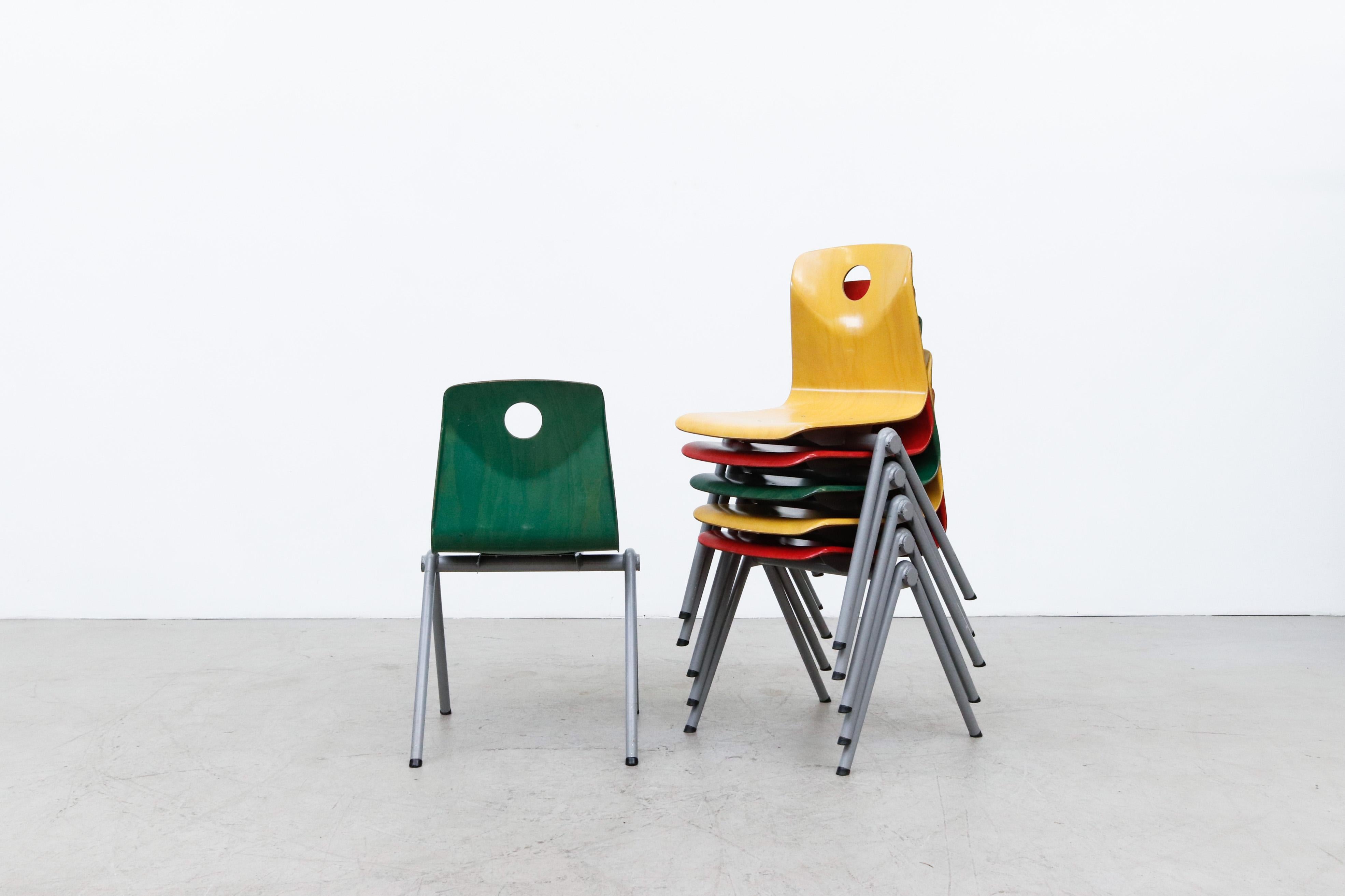 Multi-Colored Stacking Chairs with Circle Cut out In Good Condition In Los Angeles, CA