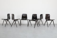 Prouve Style Wenge Toned Industrial Stacking Chairs With Compass Legs