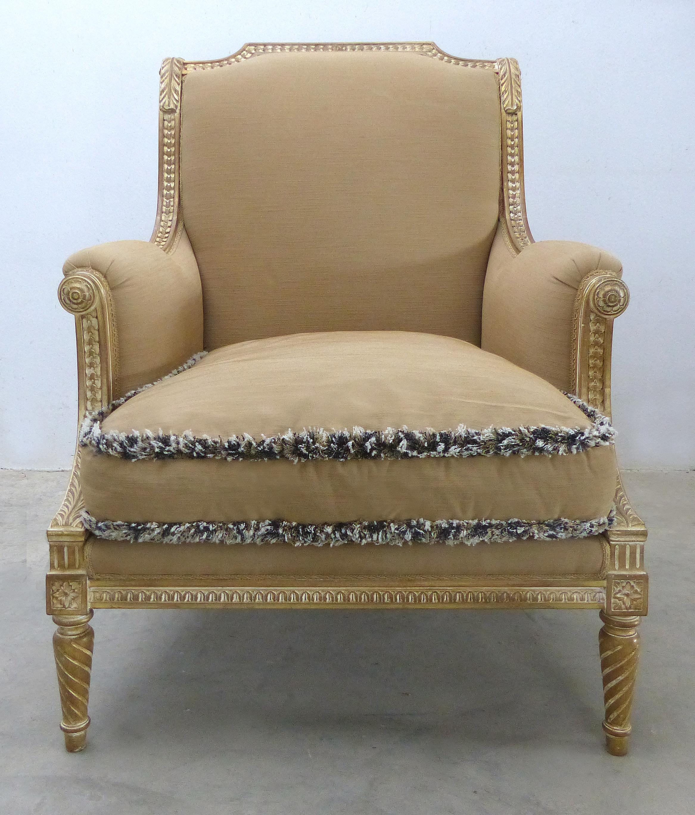 Provasi Parcel-Gilt Louis Vxi Style Upholstered Bergere

Offered for sale is a beautifully carved parcel-gilt Louis XVI style bergere manufactured by the Italian luxury furniture company Provasi. The Provasi family have been furniture makers for