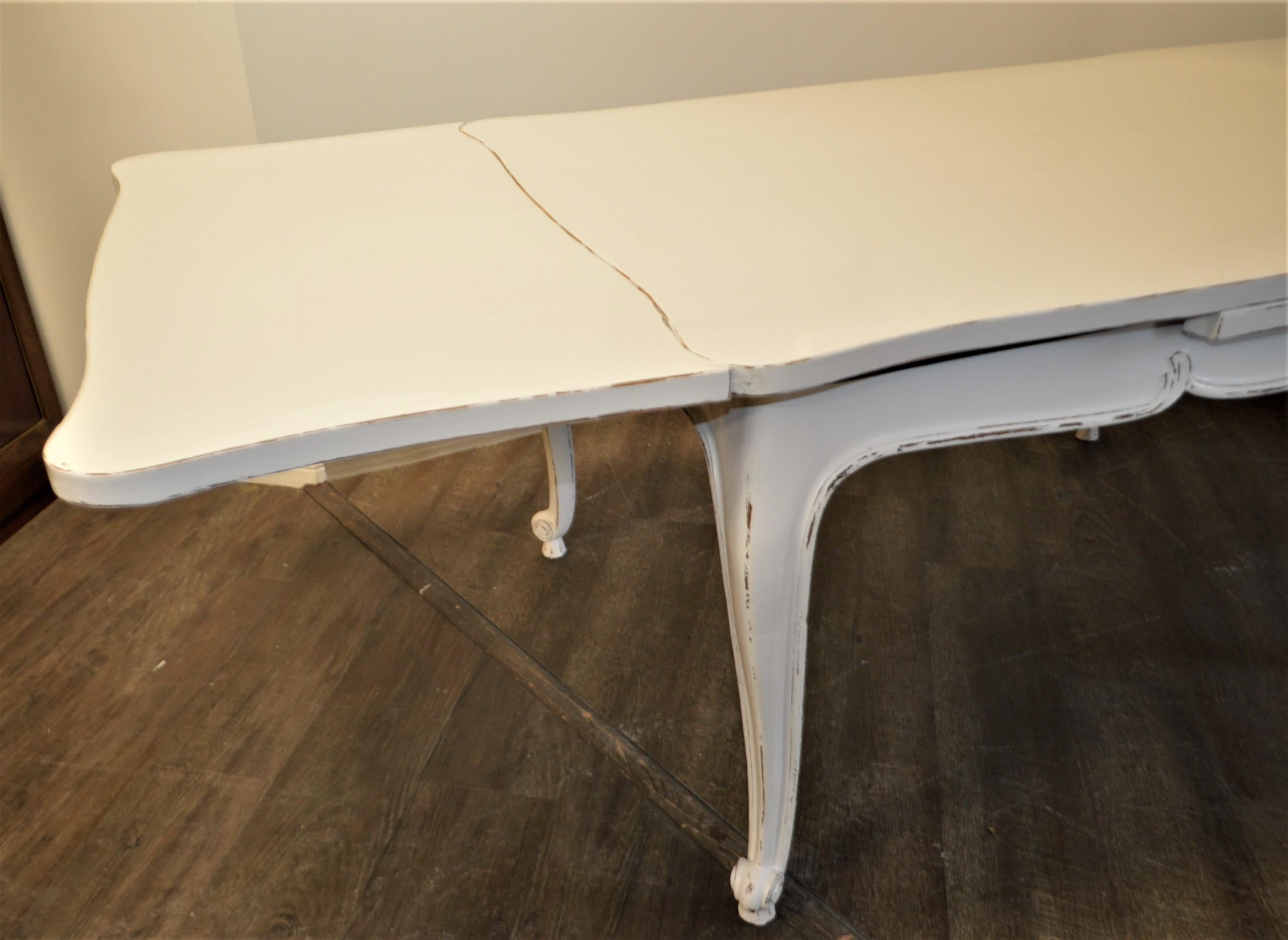 Walnut Provencal Country Dining Table or Desk, Painted Antique White 2 Leaves, France For Sale